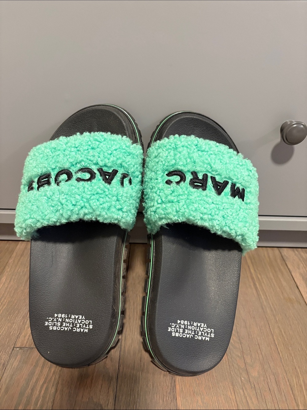 Marc Jacobs Mint Green Sherpa Slide Sandals with Black Soles